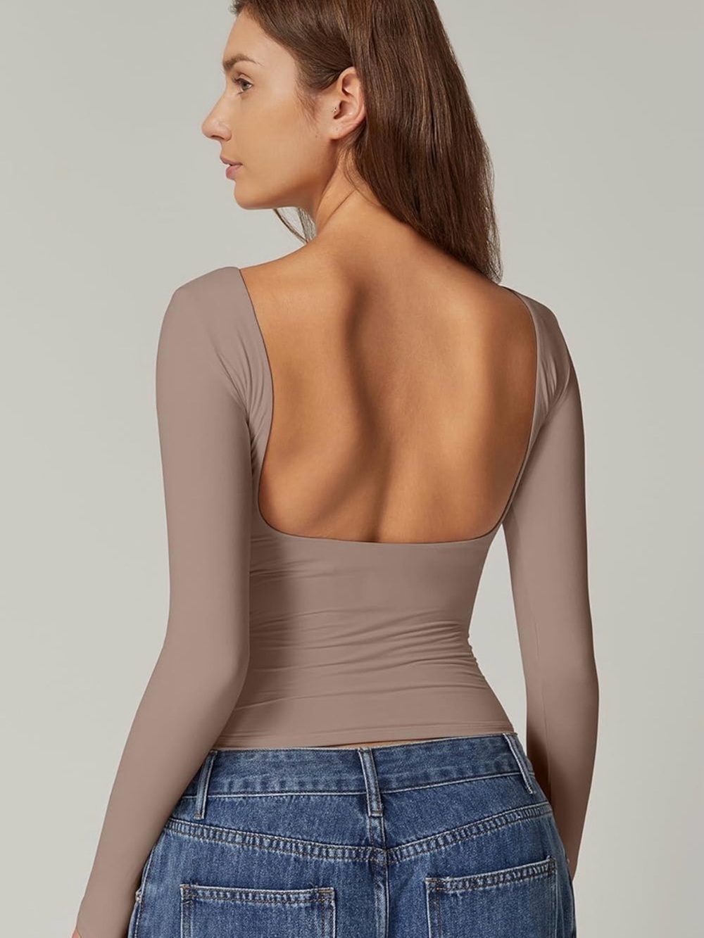 Women's Scoop-Back Long Sleeve Top in Taupe